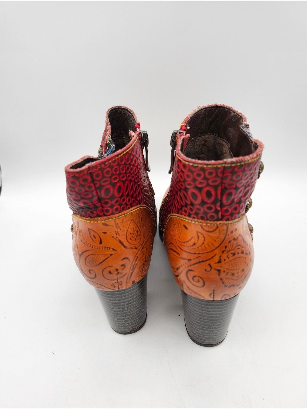 Socofy Leather Multicolor Patchwork Embossed Ankle Booties Colorful 3" Heel - Picture 4 of 9
